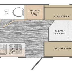 Floor plan of the Travel Lite Rove Lite 14BH travel trailer, featuring a two-burner cooktop, convertible sofa and dinette beds, and a compact kitchen with a 12V refrigerator.