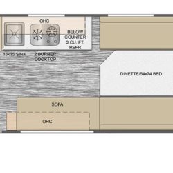 Floor plan of the Travel Lite Rove Lite 14FD travel trailer, showcasing a functional layout with a sofa, convertible dinette, 2-burner cooktop, wet bath, and ample storage.