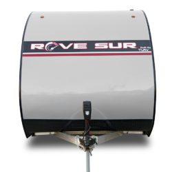 Travel Lite Rove Sur 24SUR toy hauler showing rear garage and interior, ultra-lightweight construction, and features for towing ATVs or bikes.