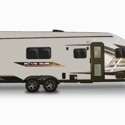 Travel Lite Rove Sur 24SUR toy hauler showing interior and rear garage space for recreational vehicles.