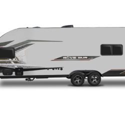 Interior and exterior of a Travel Lite Rove Sur 24SUR toy hauler featuring garage, kitchen, and sleeping area.