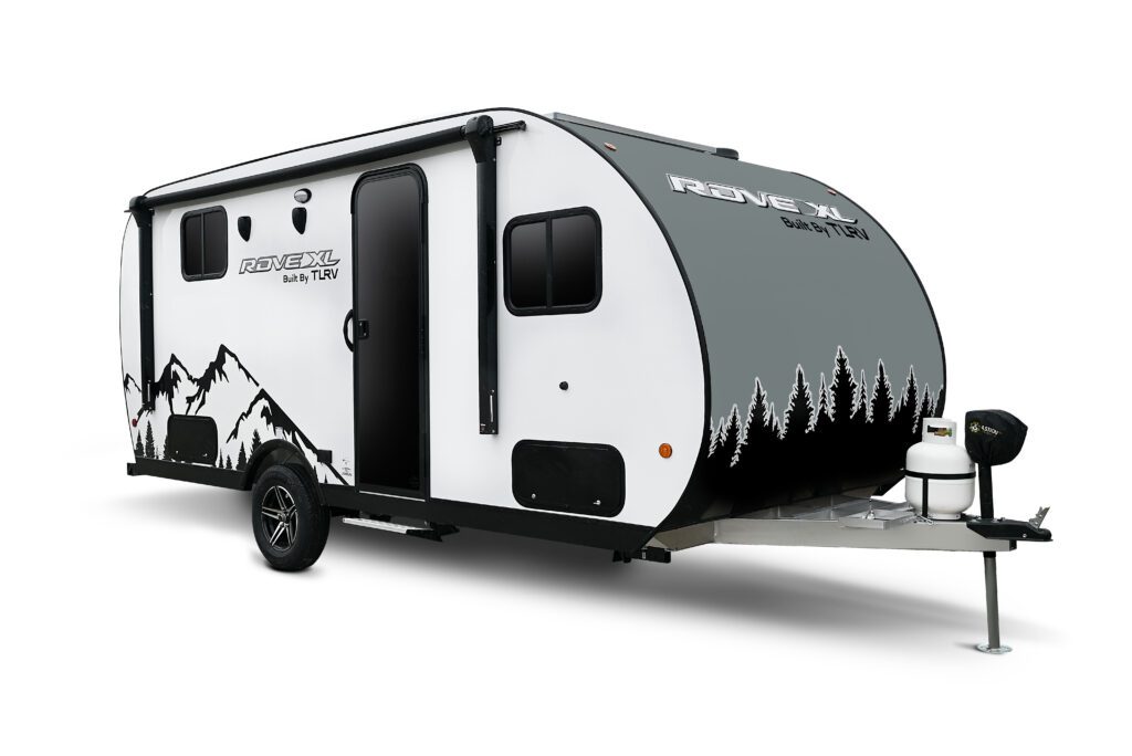 Travel Lite Rove XL travel trailer with aerodynamic teardrop design, Hydro-Lite sidewalls, seamless fiberglass roof, and lightweight, affordable construction.